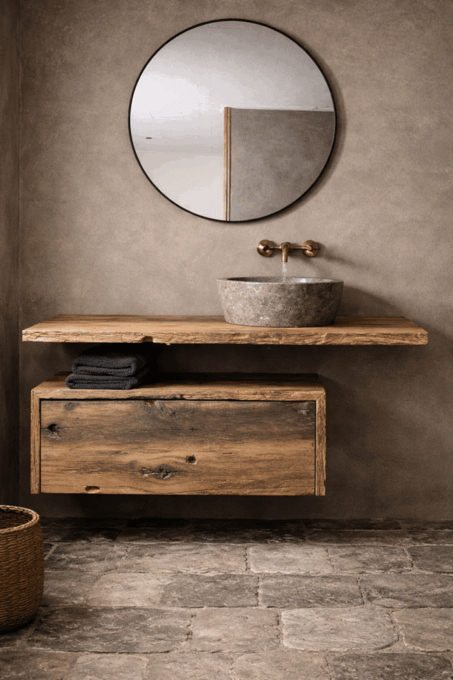 zwevend badkamermeubel van oud eiken met robuuste houtnerf en authentieke details